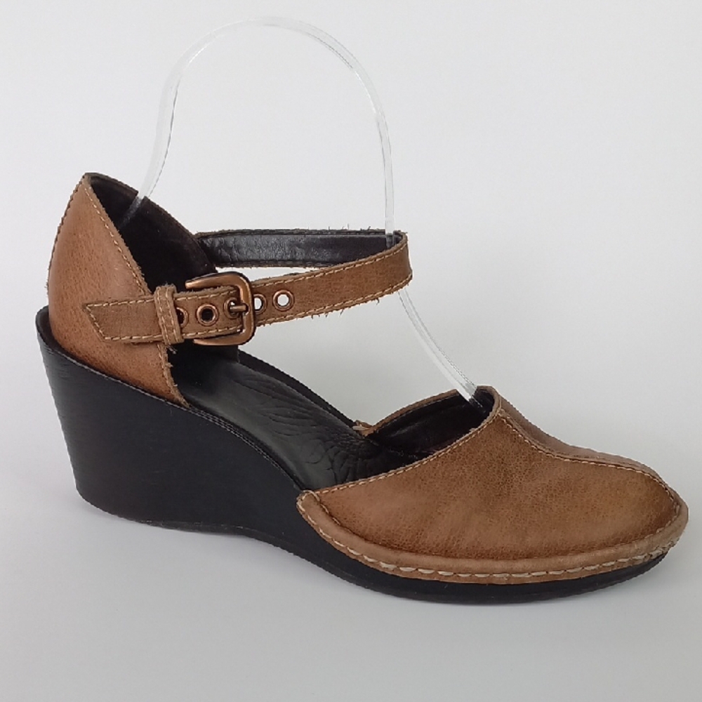 Clarks Brown and Black Wedge Sandals with Ankle Strap